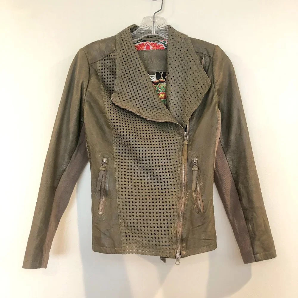 Bano eeMee Leather Green Canadian Made Moto Biker Jacket Women's 2